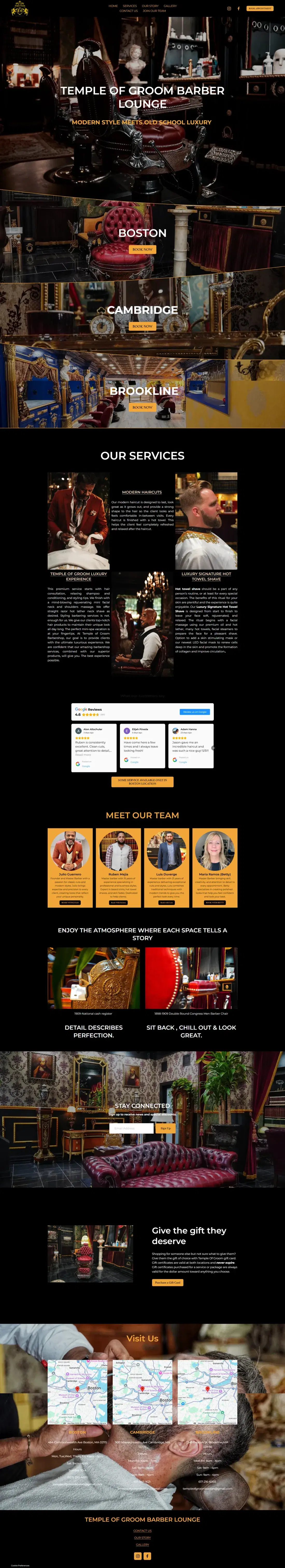 Temple of Groom website — luxury barbershop booking experience